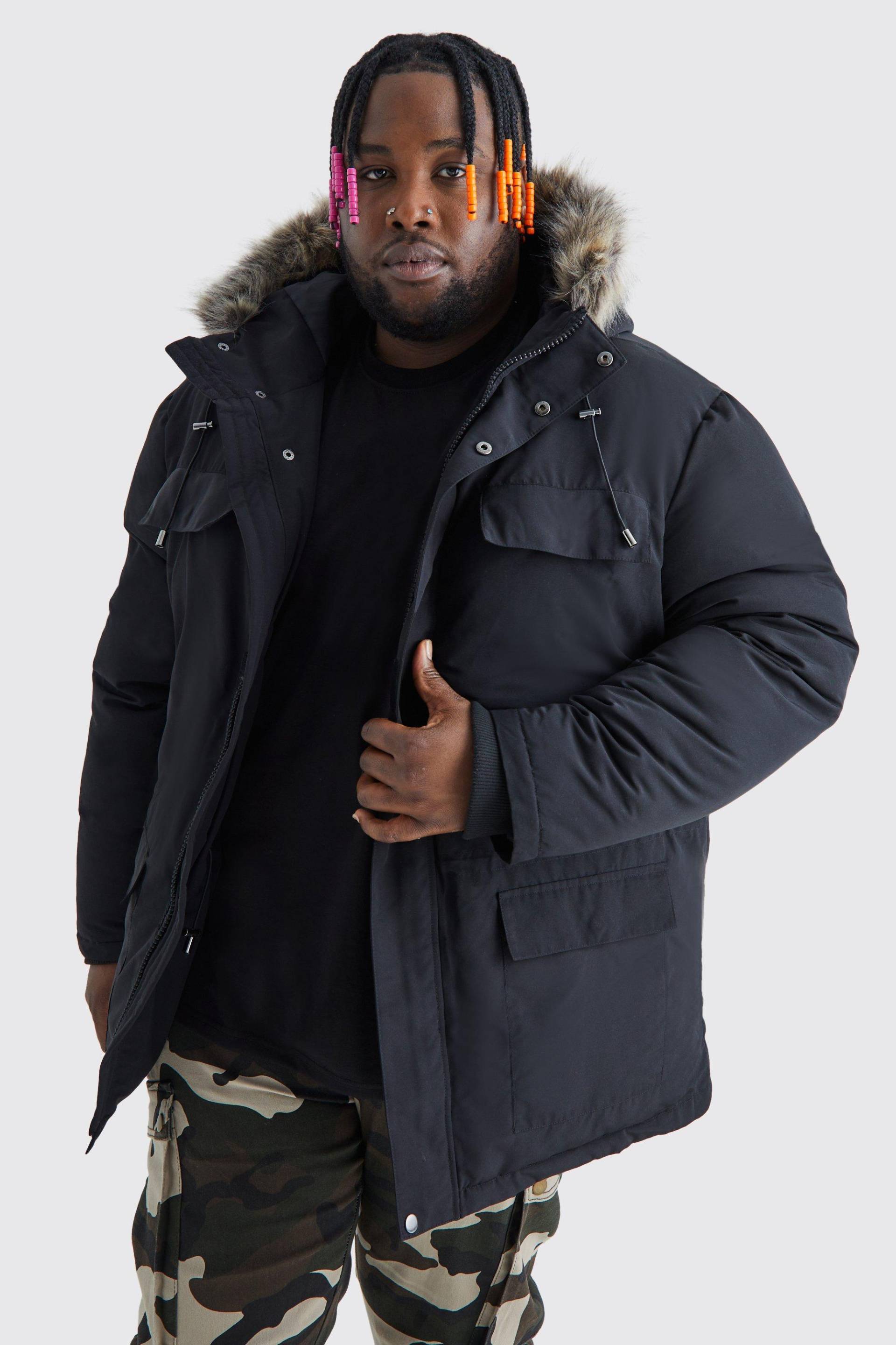 Mens Plus Arctic Parka mit Kunstpelzkapuze - Schwarz - XXL, Schwarz von boohooman