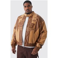 Mens Plus kastige PU Moto-Jacke mit Applikation - Braun - XXXL, Braun von boohooman