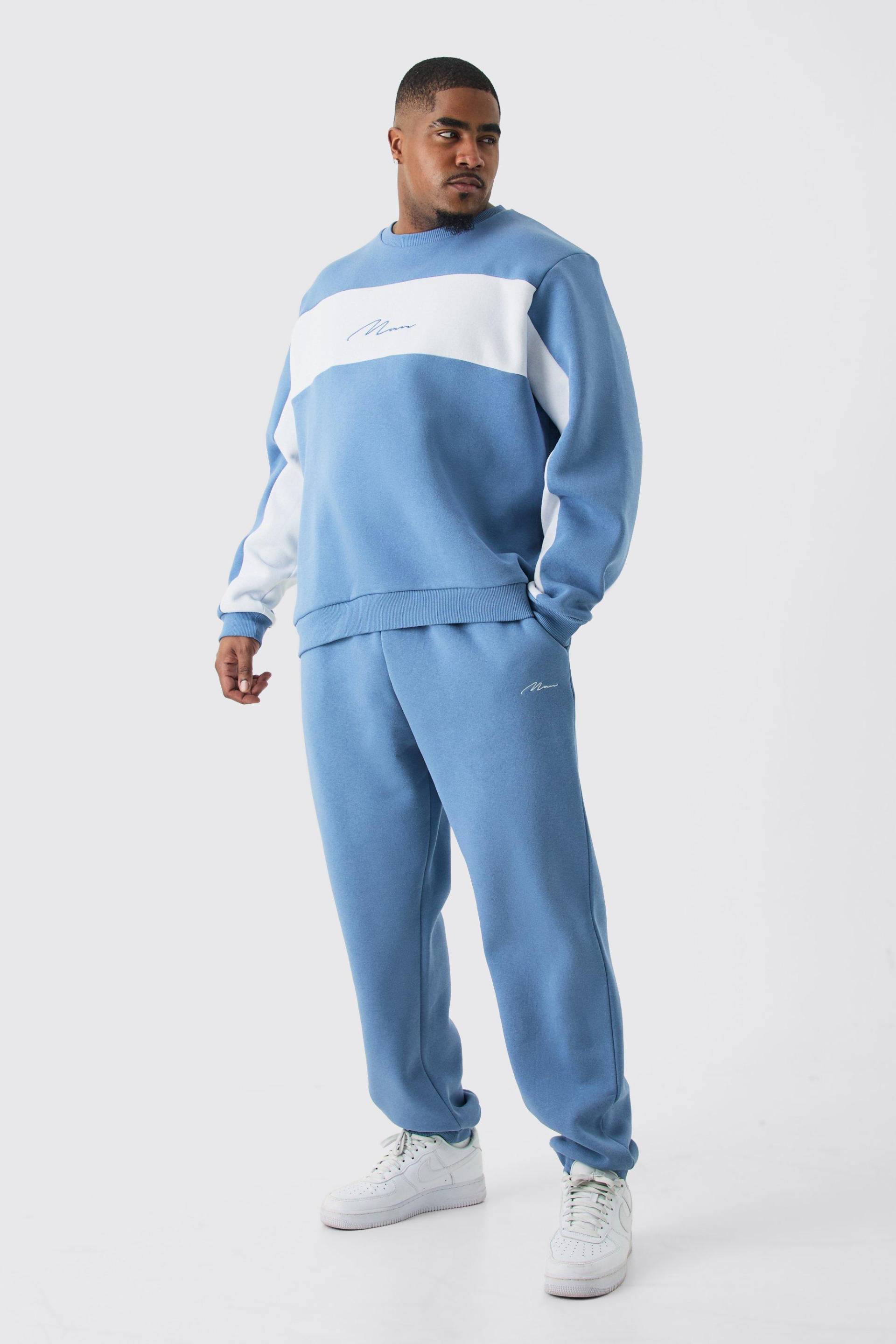 Mens Plus Colour Block Man Sweatshirt Tracksuit In Blue - Blau - XXL, Blau von boohooman