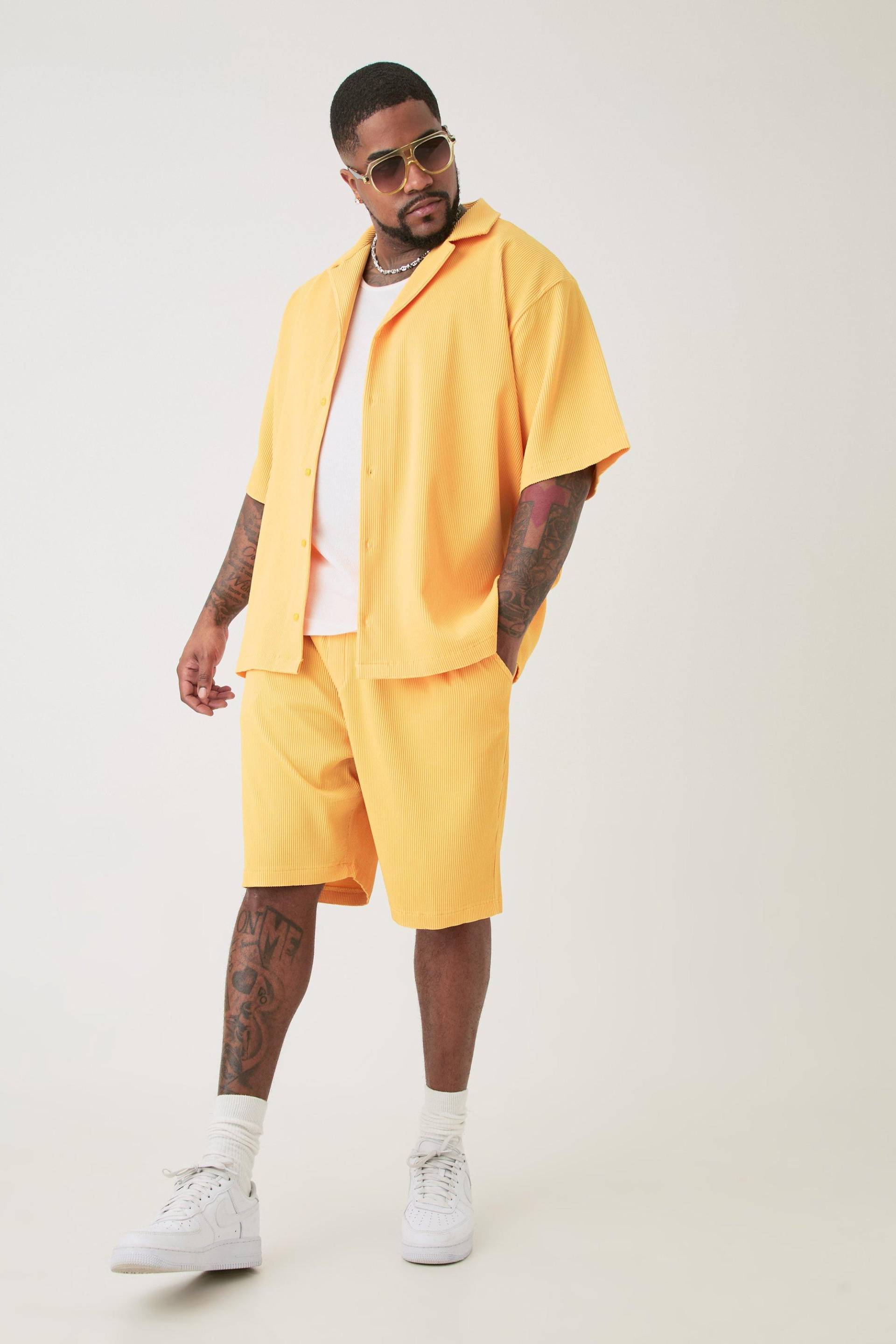 Mens Plus Drop Revere Pleated Shirt & Short Set In Yellow - Gelb - XXL, Gelb von boohooman