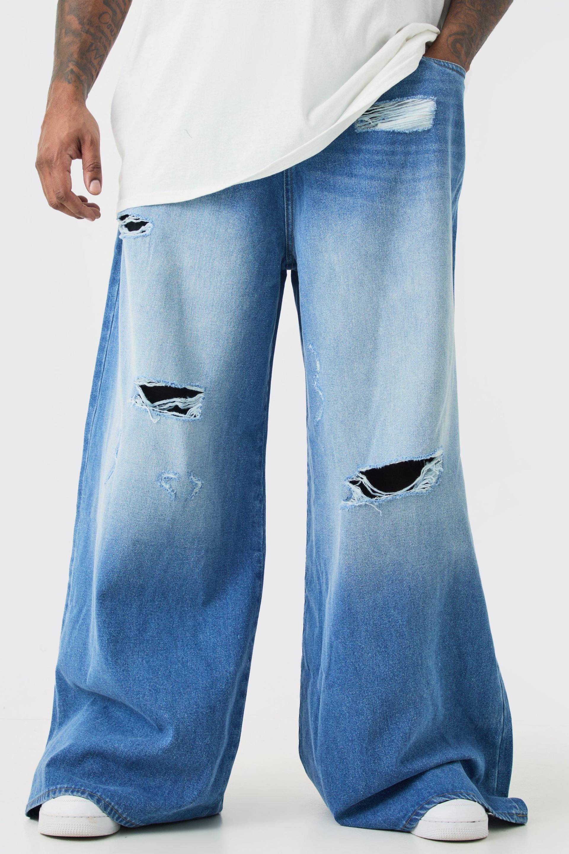 Mens Plus Extreme Baggy Frayed Self Fabric Applique Jeans - Blau - 40, Blau von boohooman
