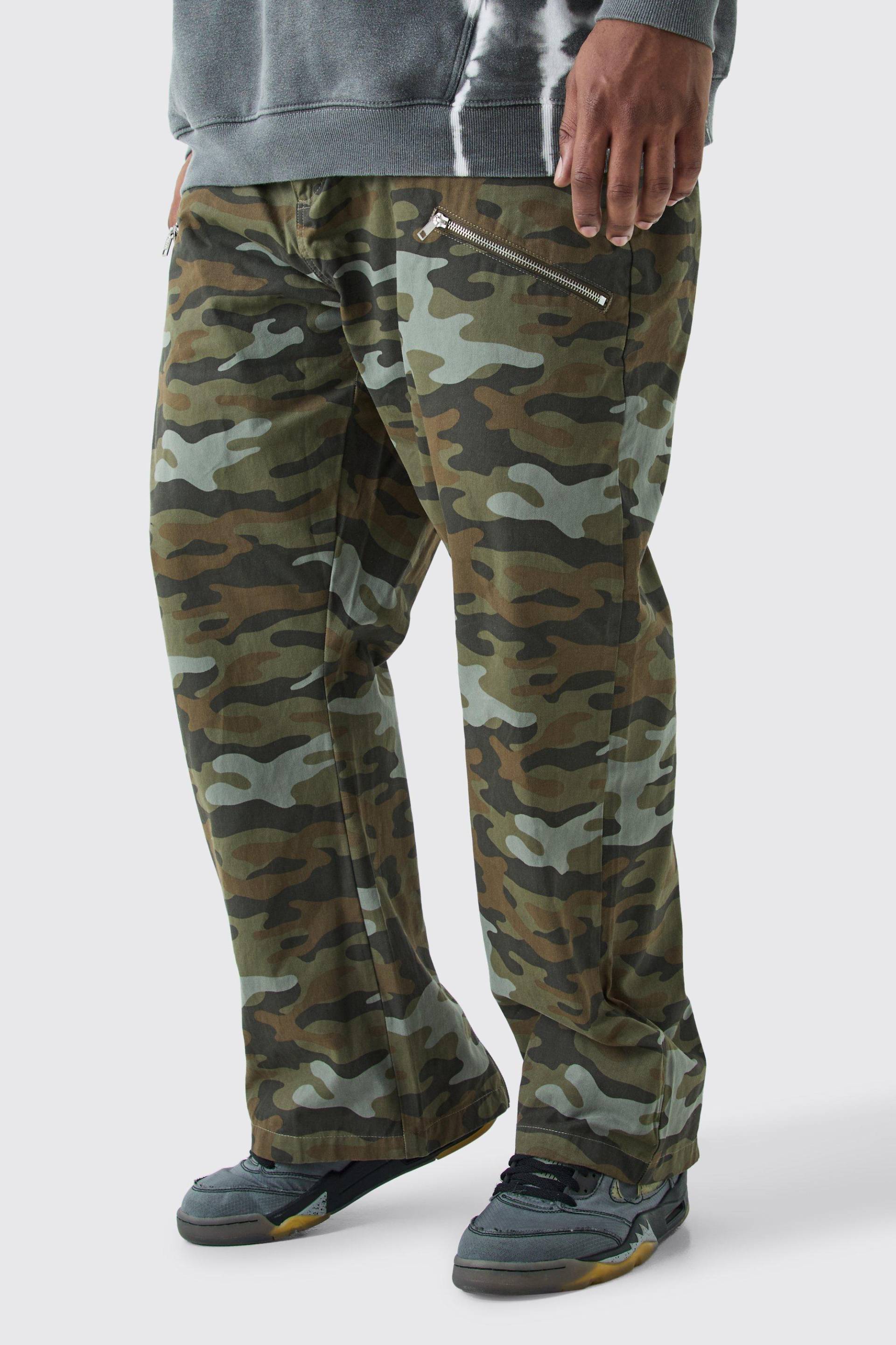 Mens Plus Fixed Waist Straight Leg Twill Camo Zip Gusset Trouser - Mehrfarbig - 40, Mehrfarbig von boohooman