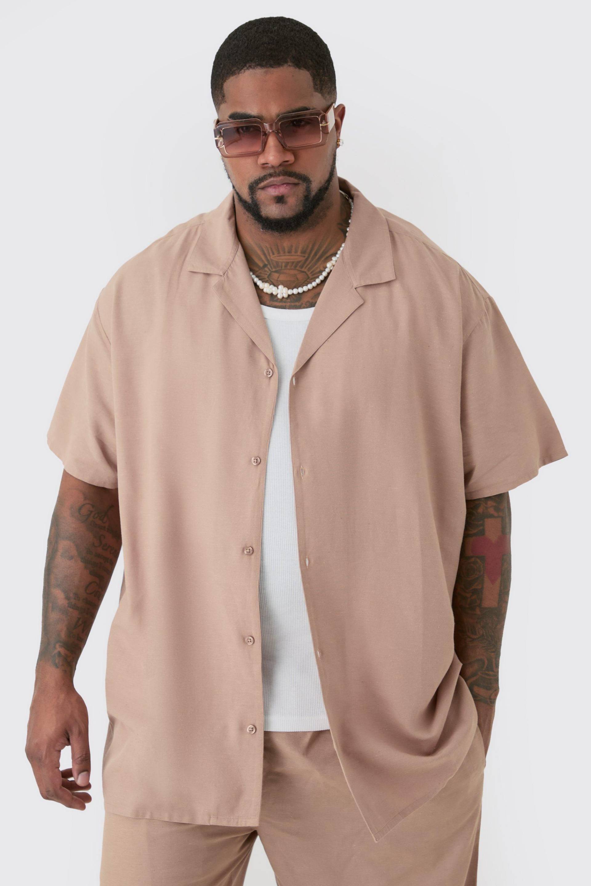 Mens Plus Linen Drop Revere Shirt In Taupe - XXL, Taupe von boohooman