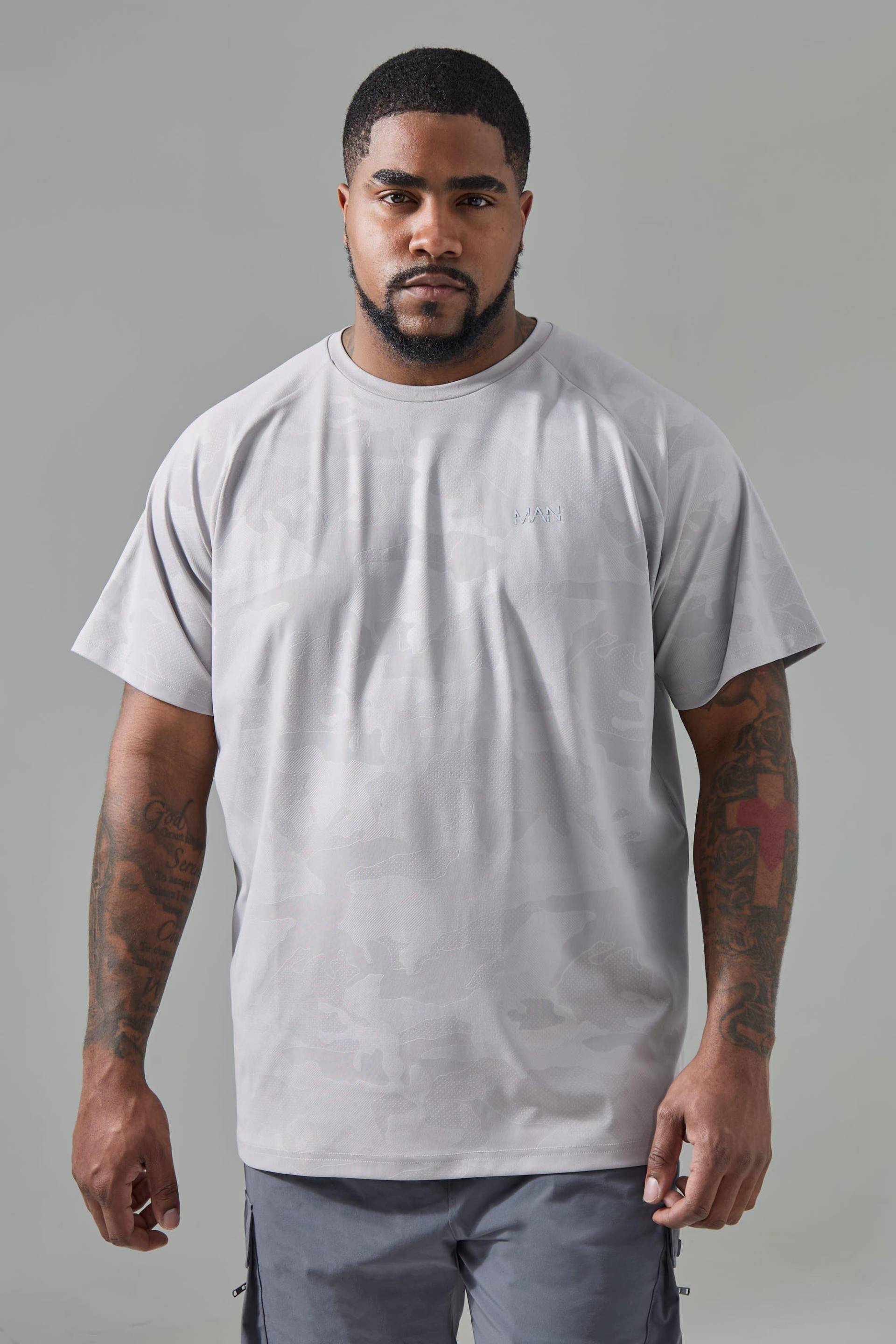Mens Plus Man Active Camo Raglan Performance T-shirt - Grau - XXXXL, Grau von boohooman