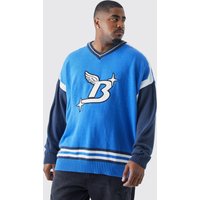 Mens Plus Oversize Strick-Pullover mit Applique - Blau - XXL, Blau von boohooman