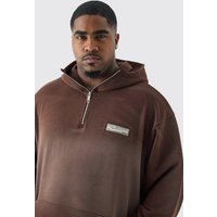 Mens Plus Oversized 1/4 Zip Washed Loopback Hoodie - Braun - XXL, Braun von boohooman