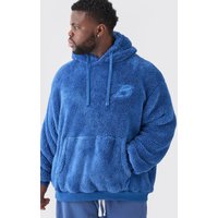 Mens Plus Oversized Embroidered Borg Hoodie - Blau - XXXXL, Blau von boohooman