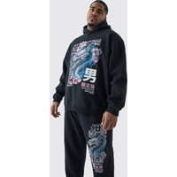 Mens Plus Oversize Trainingsanzug mit Kapuze und Print - Schwarz - XXL, Schwarz von boohooman