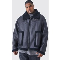 Mens Plus PU-Fliegerjacke mit Borg-Detail - Schwarz - XXXL, Schwarz von boohooman