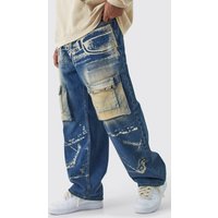 Mens Plus lockere Jeans mit X-Ray Print und Acid-Waschung - Grau - 38, Grau von boohooman