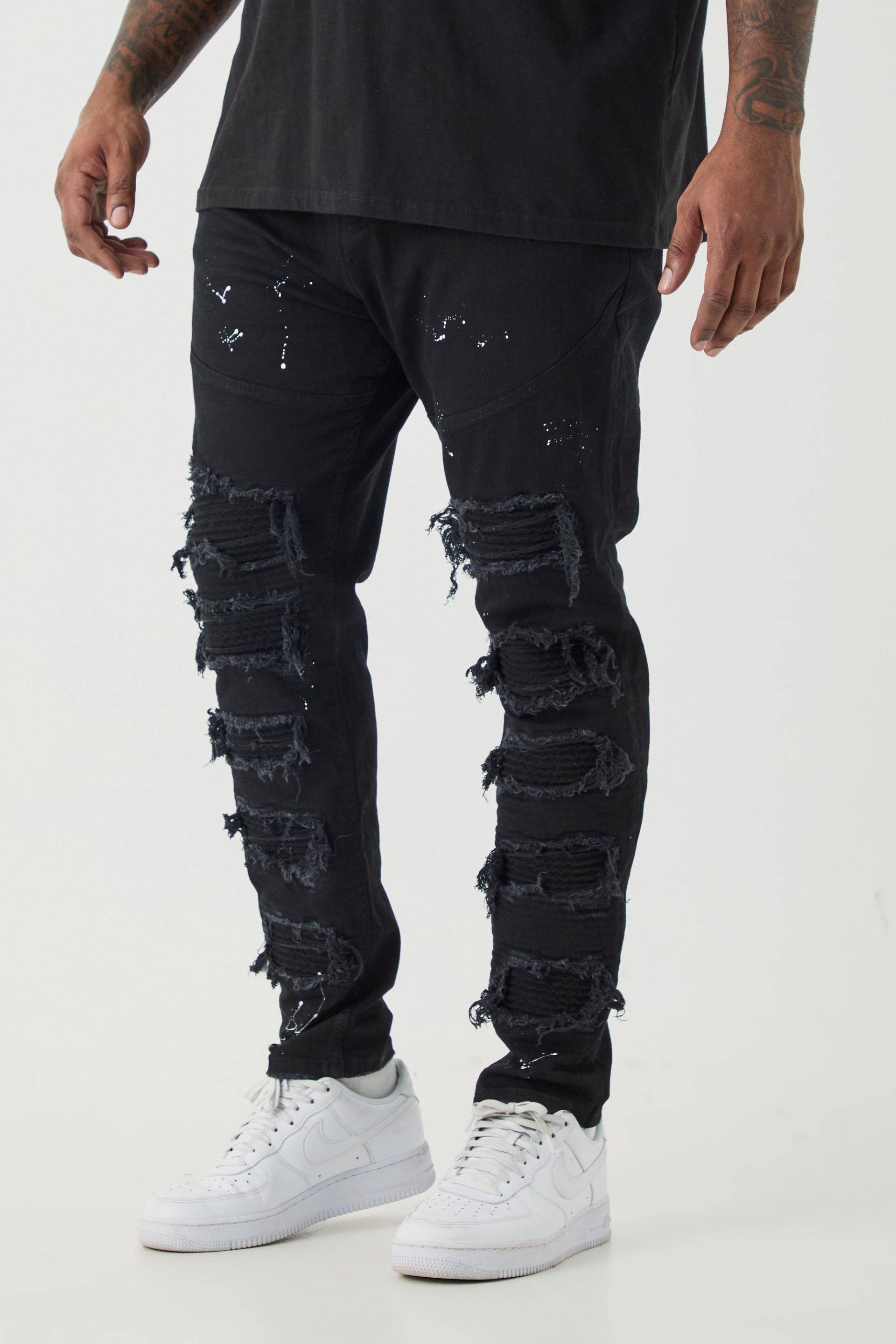 Mens Plus Super Skinny Pu Biker Rip & Repair Paint Splatter Jeans - Schwarz - 38, Schwarz von boohooman