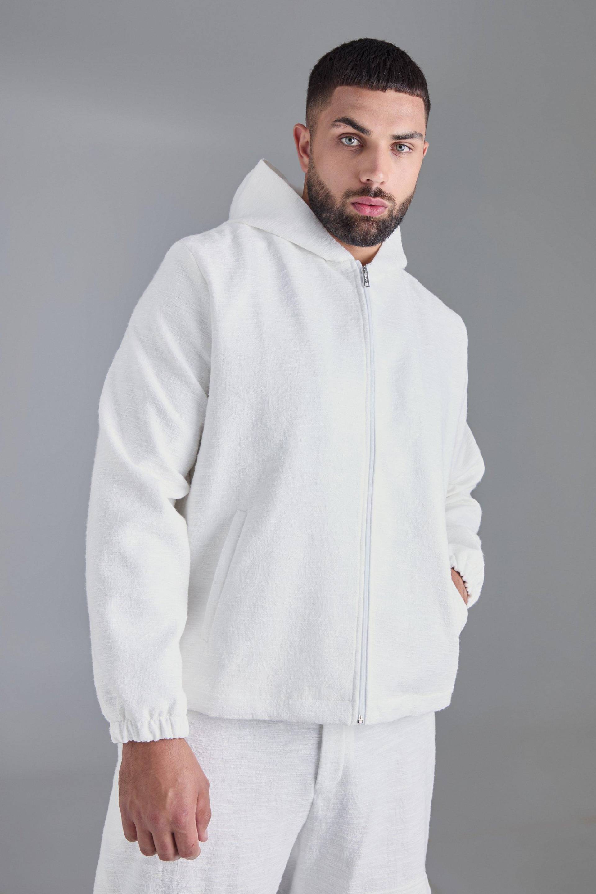 Mens Plus Textured Cotton Jacquard Smart Hooded Jacket - Weiß - XXXXL, Weiß von boohooman