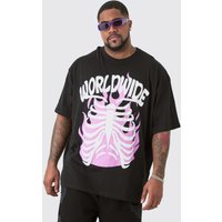 Mens Plus World Wide Skeleton Graphic Puff Print T-shirt In White - Schwarz - XXL, Schwarz von boohooman