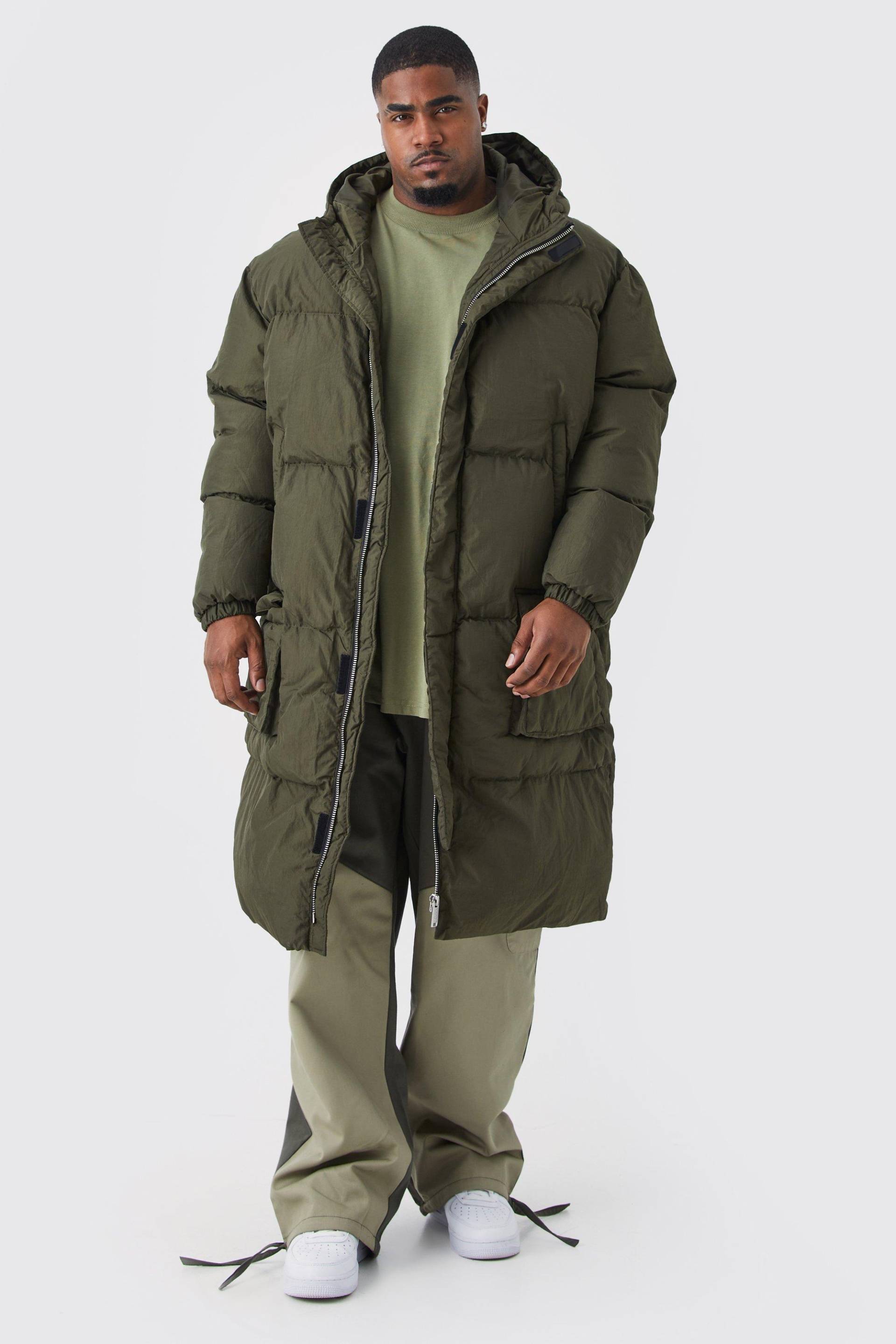 Mens Plus langer Parka mit 4 Taschen und Kapuze - Khaki - XXXL, Khaki von boohooman