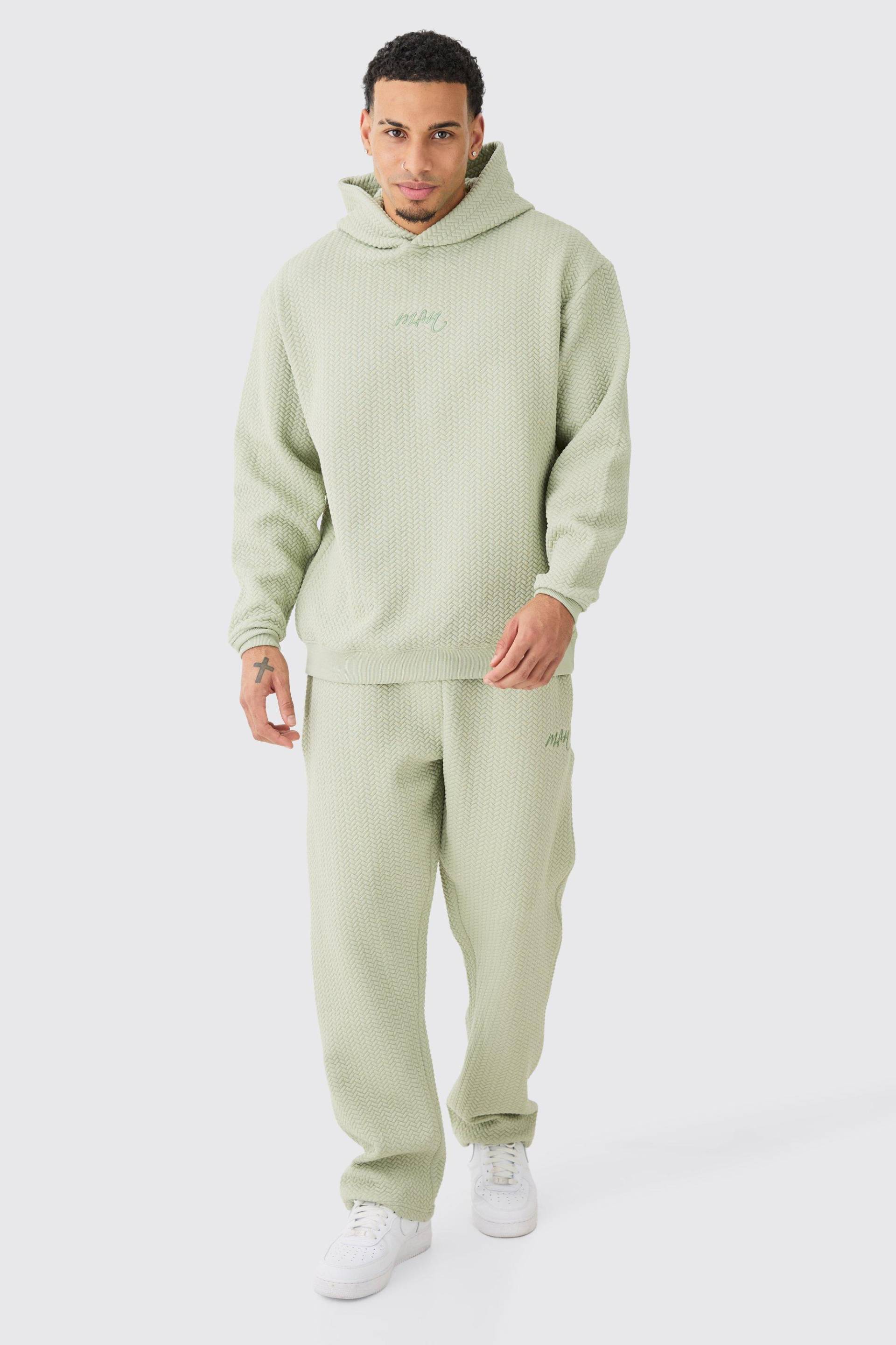 Mens Quilted Herringbone Oversized Man Embroided Hooded Tracksuit - Grün - XL, Grün von boohooman