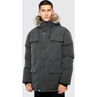 Mens Recycelter Kunstfell-Parka mit Kapuze - Grau - XS, Grau von boohooman