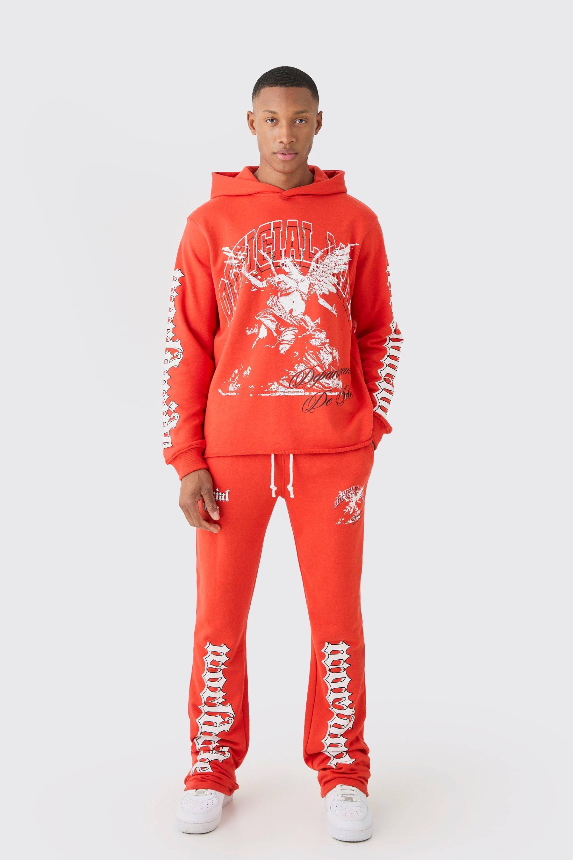 Mens Regular Fit Large Graphic Raw Hem Flared Tracksuit - Rot - M, Rot von boohooman