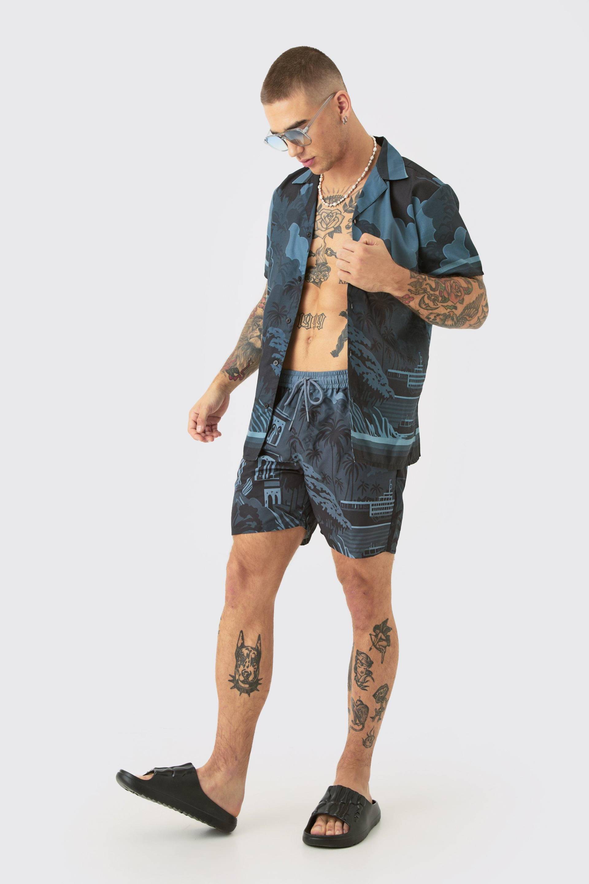 Mens Regular Landscape Shirt & Swim Short Set - Schwarz - L, Schwarz von boohooman