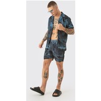 Mens Regular Landscape Shirt & Swim Short Set - Schwarz - S, Schwarz von boohooman