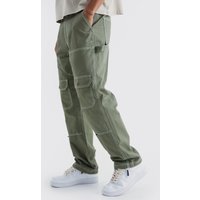 Mens Lockere Cargo-Hose mit Kontrast-Naht - Khaki - 28, Khaki von boohooman