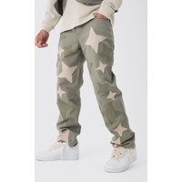 Lockere Patchwork Jeans mit Sternen-Applikation - Khaki - 30R, Khaki Lockere Patchwork Jeans mit Sternen-Applikation - Khaki - 30R, Khaki von boohooman