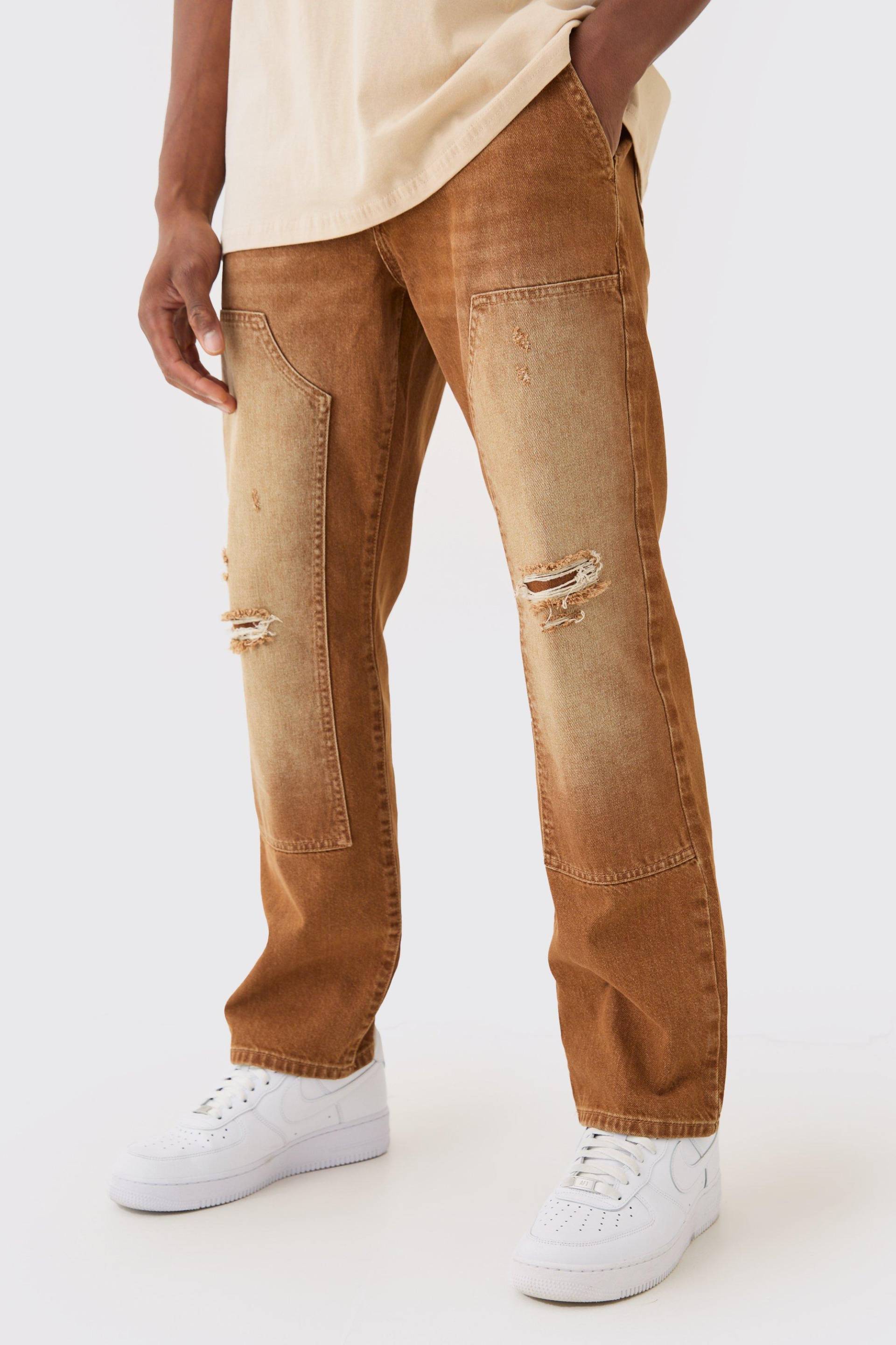 Mens Relaxed Rigid Ripped Carpenter Denim Jean In Brown - Braun - 34R, Braun von boohooman