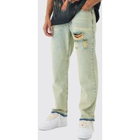 Mens Relaxed Rigid Ripped Let Down Hem Jeans With Extended Drawcords In Antique Blue - Blau - 28R, Blau von boohooman