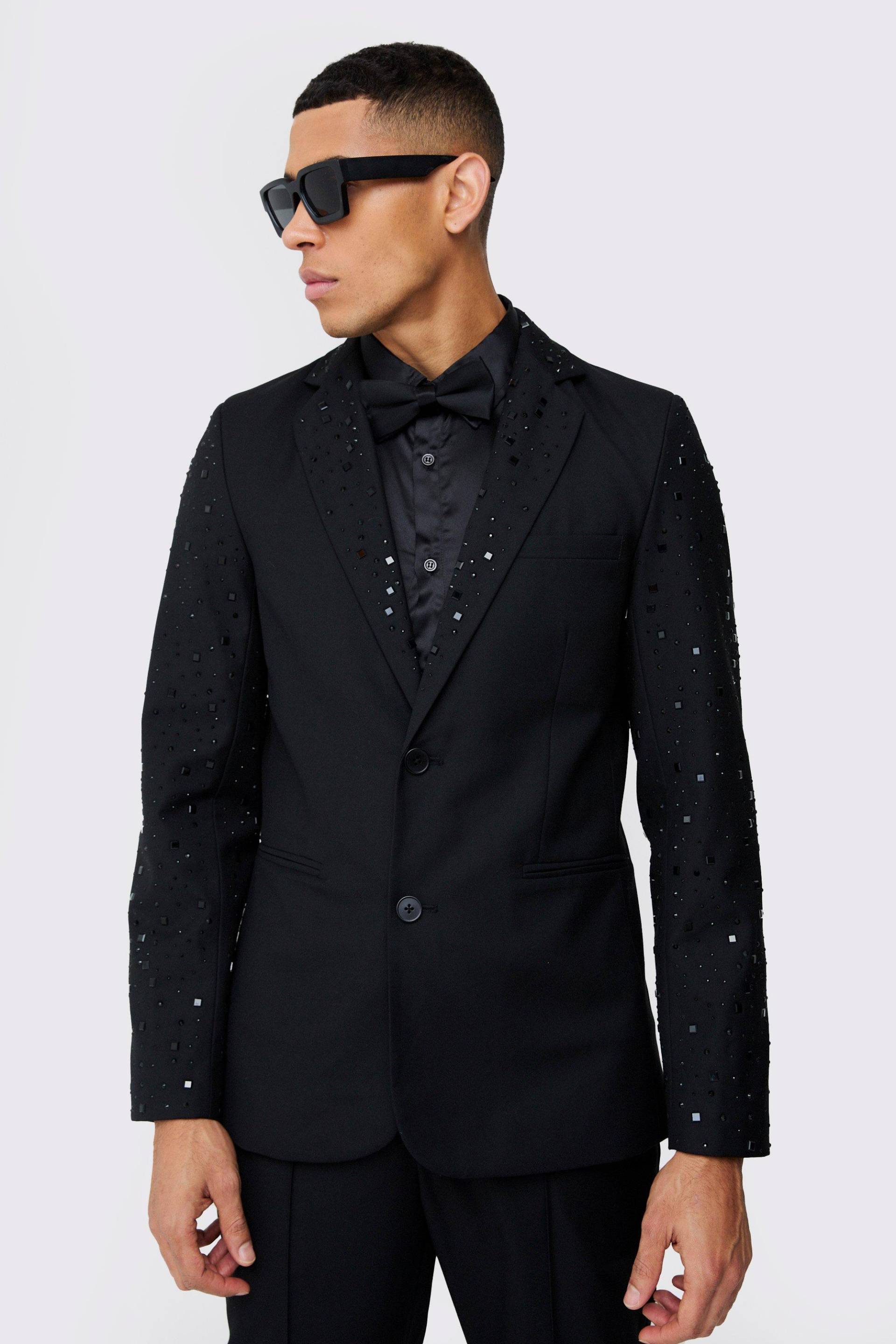 Mens Rhinestone Sleeve Slim Fit Blazer - Schwarz - 34, Schwarz von boohooman