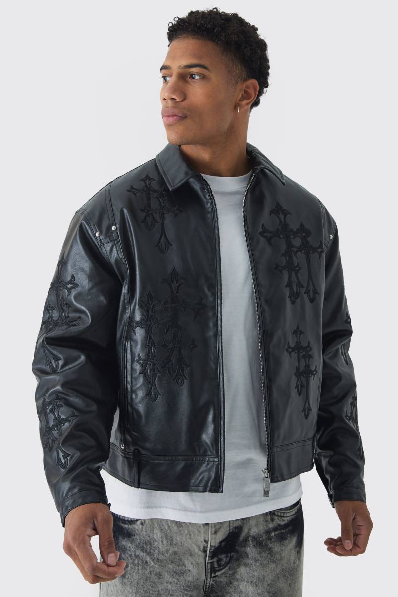 Schwarze PU-Bikerjacke mit Kreuz-Applikation - XS, Schwarz Schwarze PU-Bikerjacke mit Kreuz-Applikation - XS, Schwarz von boohooman