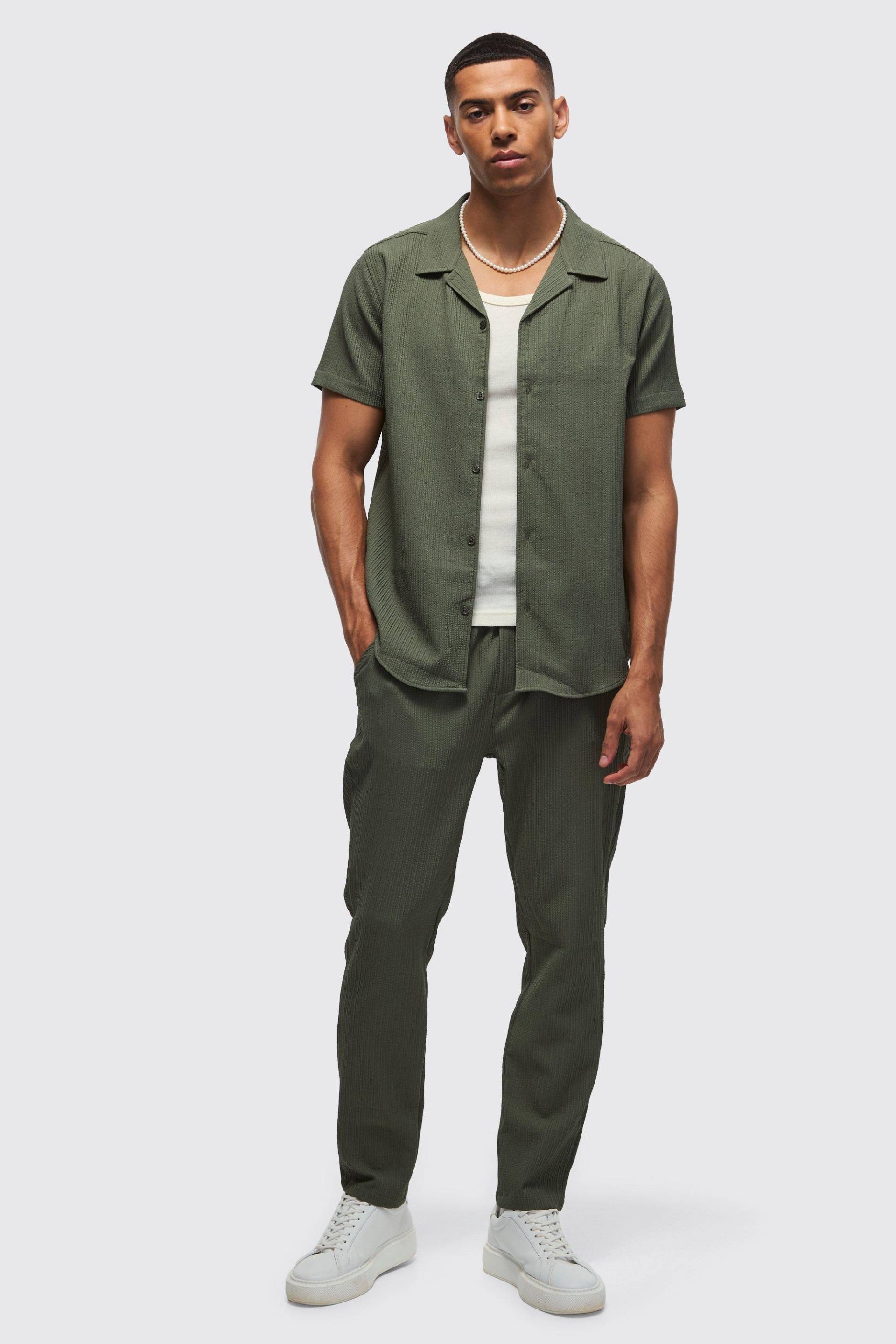 Mens Seersucker Revere Collar Shirt & Trouser Set - Khaki - XL, Khaki von boohooman