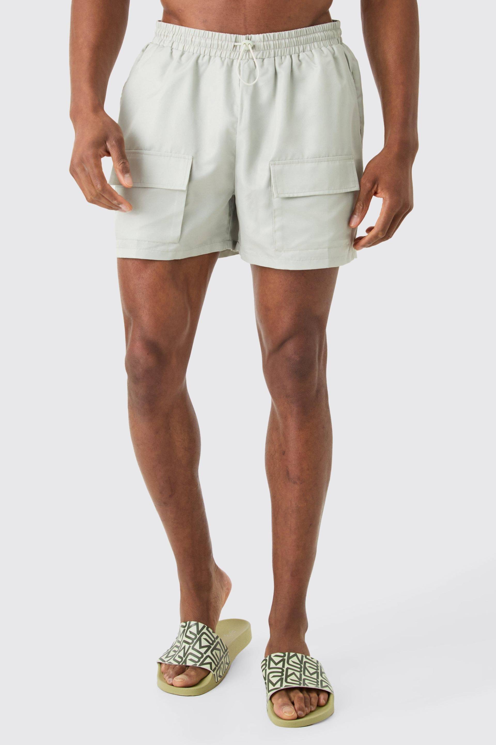 Mens Short Length Cargo Bungee Swim Shorts - Beige - L, Beige von boohooman