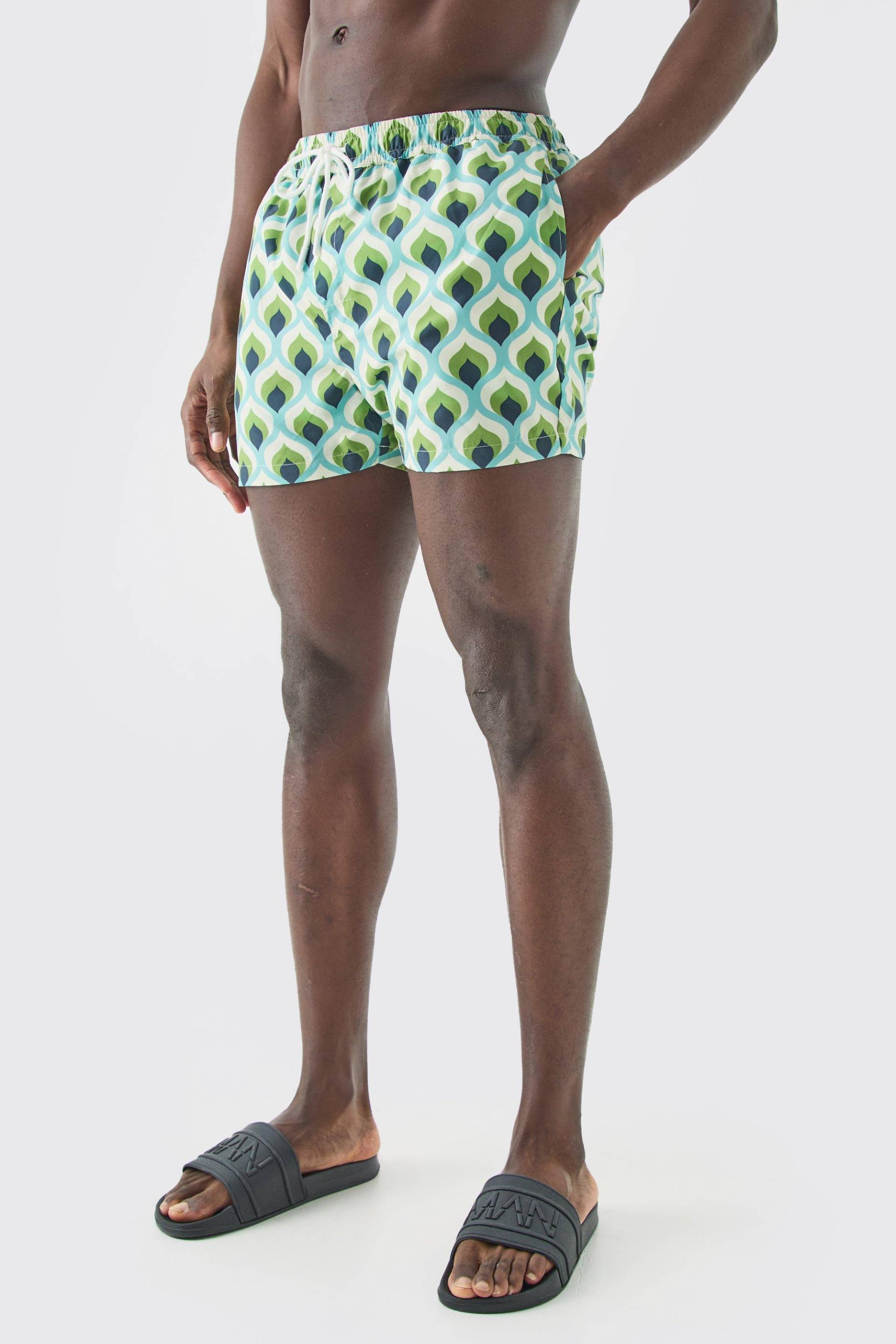 Mens Short Length Geometric Swim Short - Grün - XL, Grün von boohooman