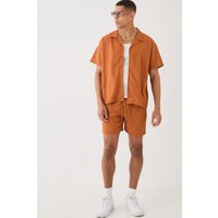 Mens Short Sleeve Boxy Linen Shirt & Short - Beige - L, Beige von boohooman