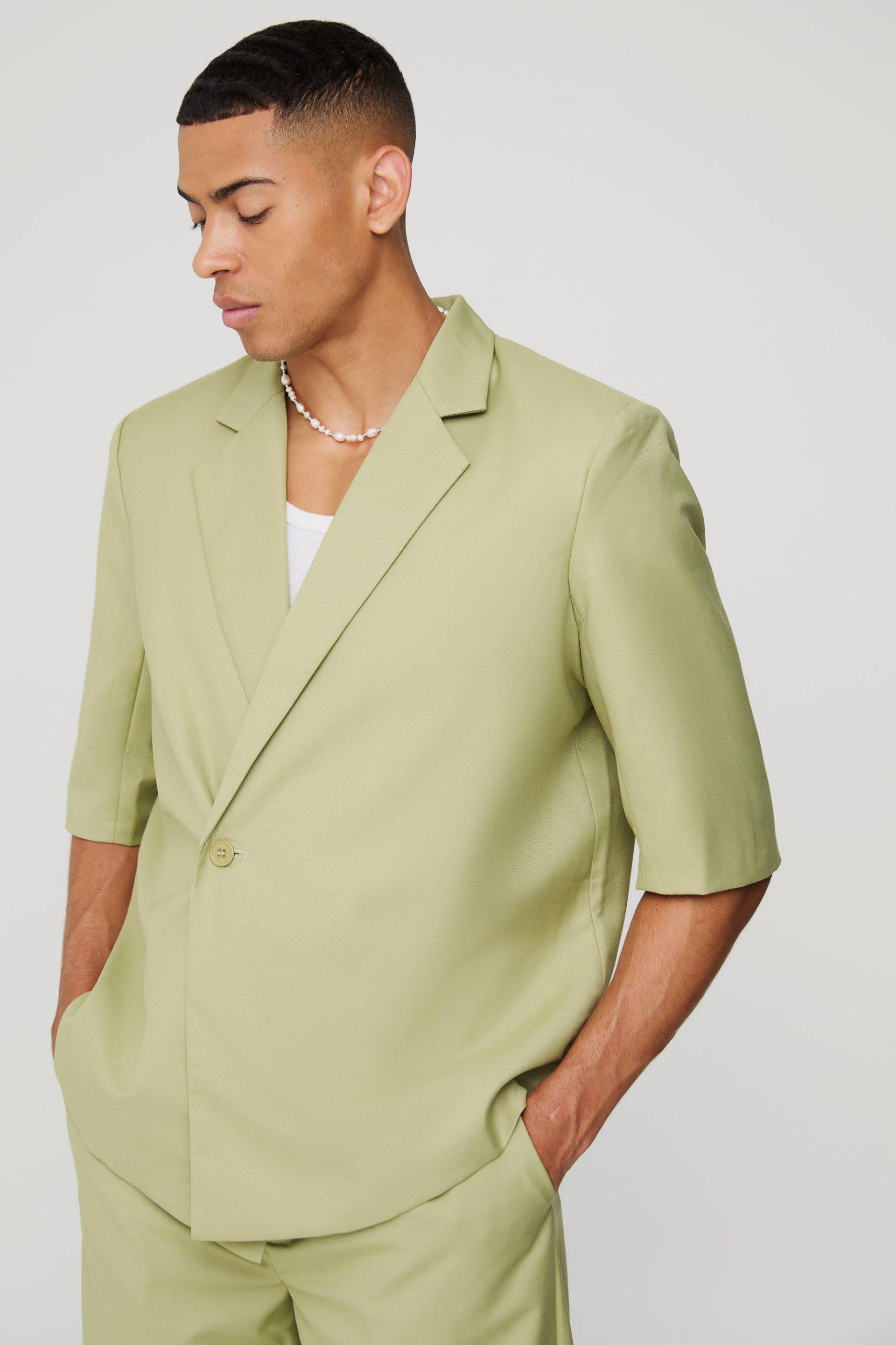 Mens Short Sleeve Boxy Wrap Blazer - Grün - 38, Grün von boohooman