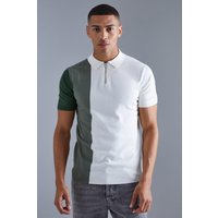 Mens Kurzärmliges Colorblock Strick-Poloshirt mit halbem Reißverschluss - Khaki - S, Khaki von boohooman