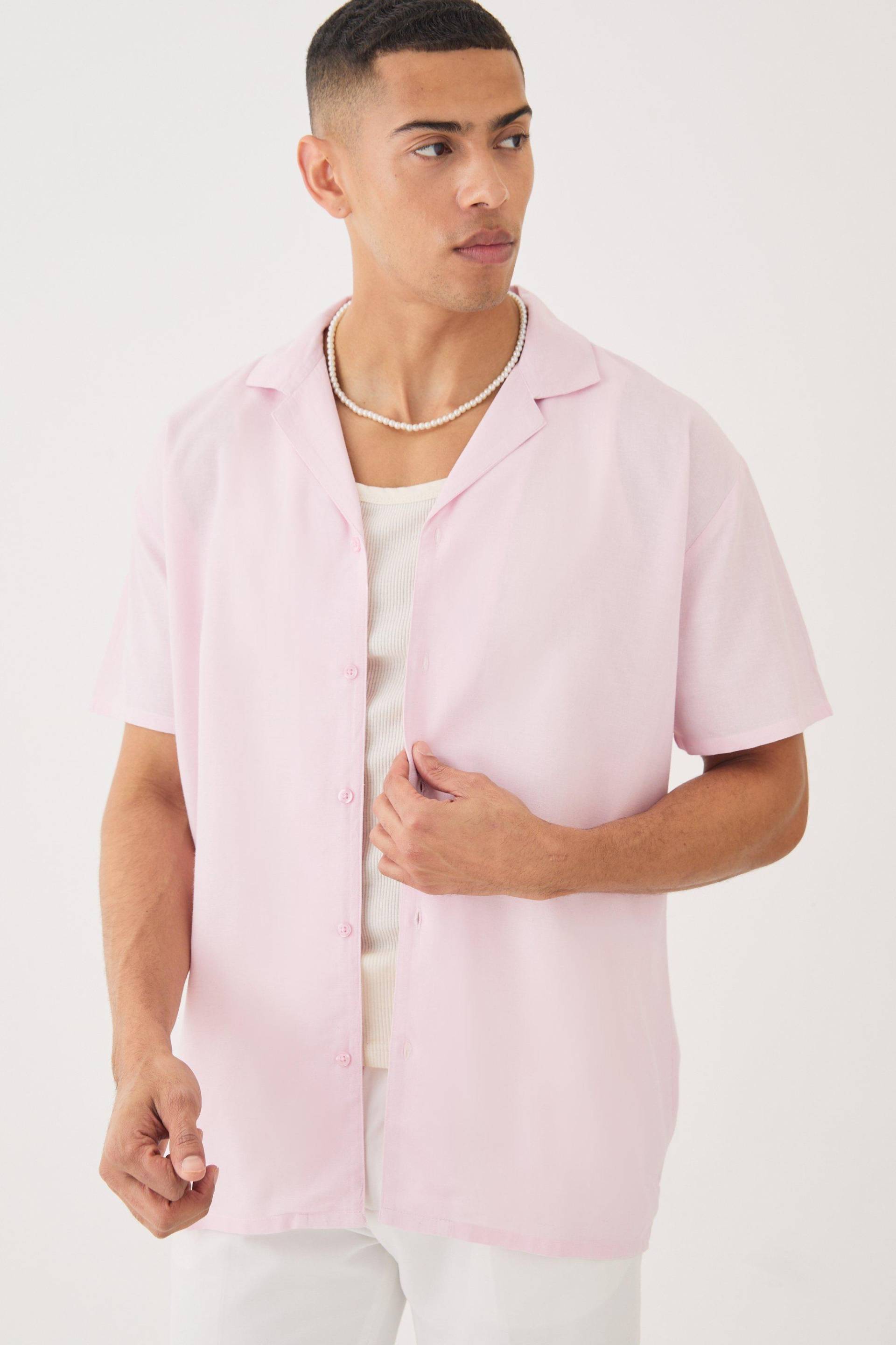 Mens Short Sleeve Oversized Linen Shirt - Rosa - S, Rosa von boohooman