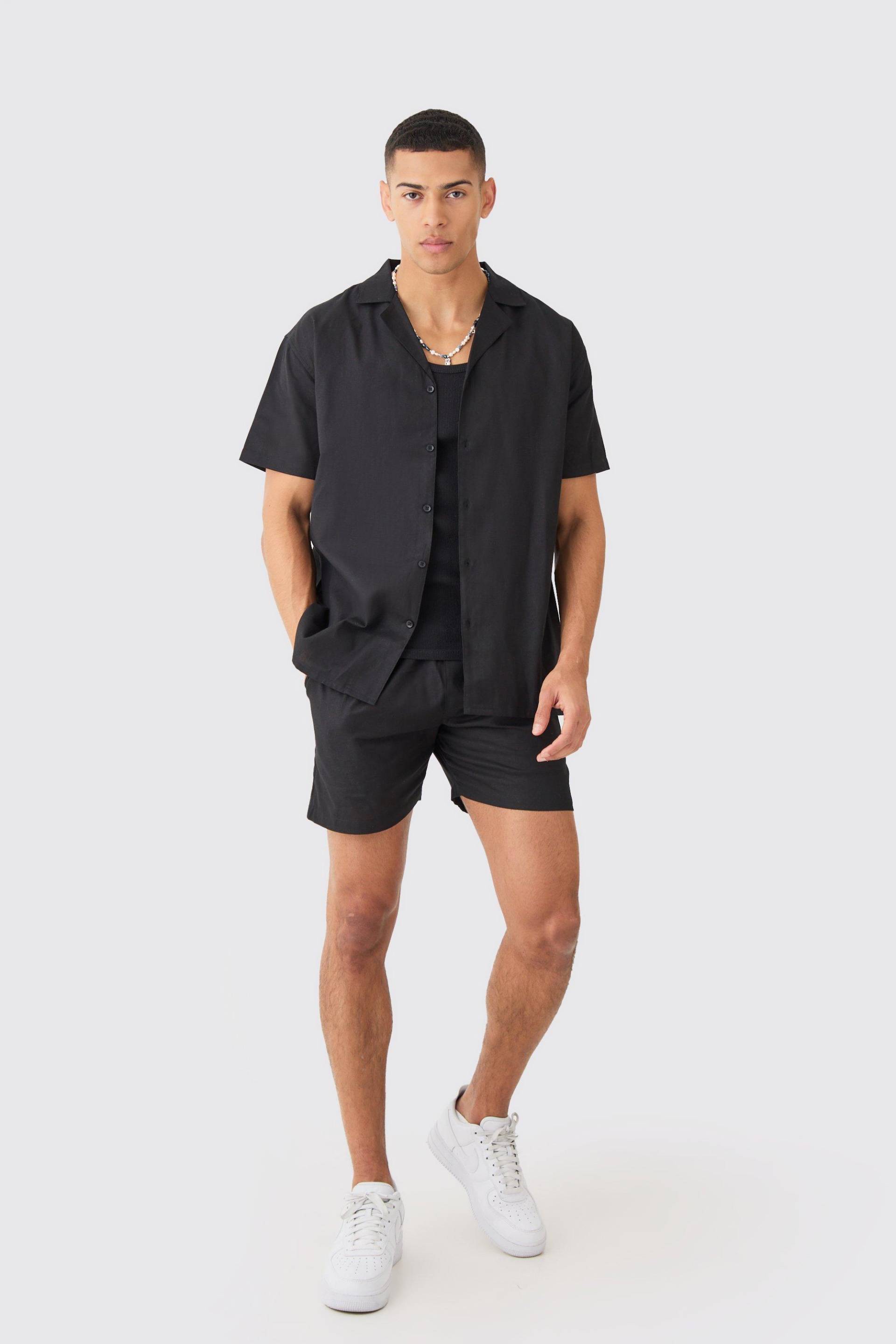 Mens Short Sleeve Oversized Linen Shirt & Short - Schwarz - S, Schwarz von boohooman