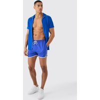 Mens Short Sleeve Plain Piping Shirt & Swim Set - Blau - M, Blau von boohooman