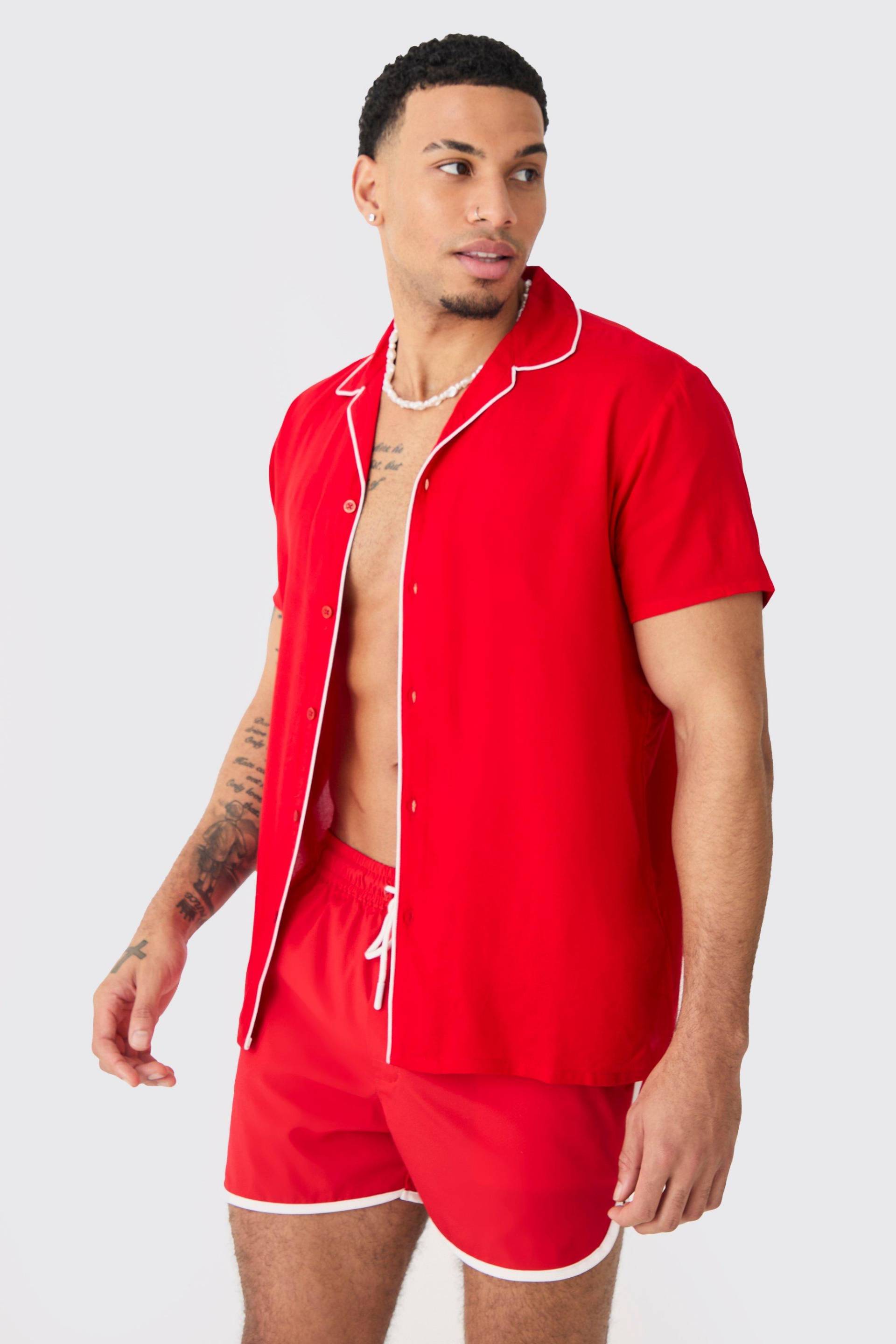 Mens Short Sleeve Plain Piping Shirt & Swim Set - Rot - XL, Rot von boohooman