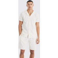 Mens Kurzärmliges geripptes Hemd und Shorts - Ecru - L, Ecru von boohooman