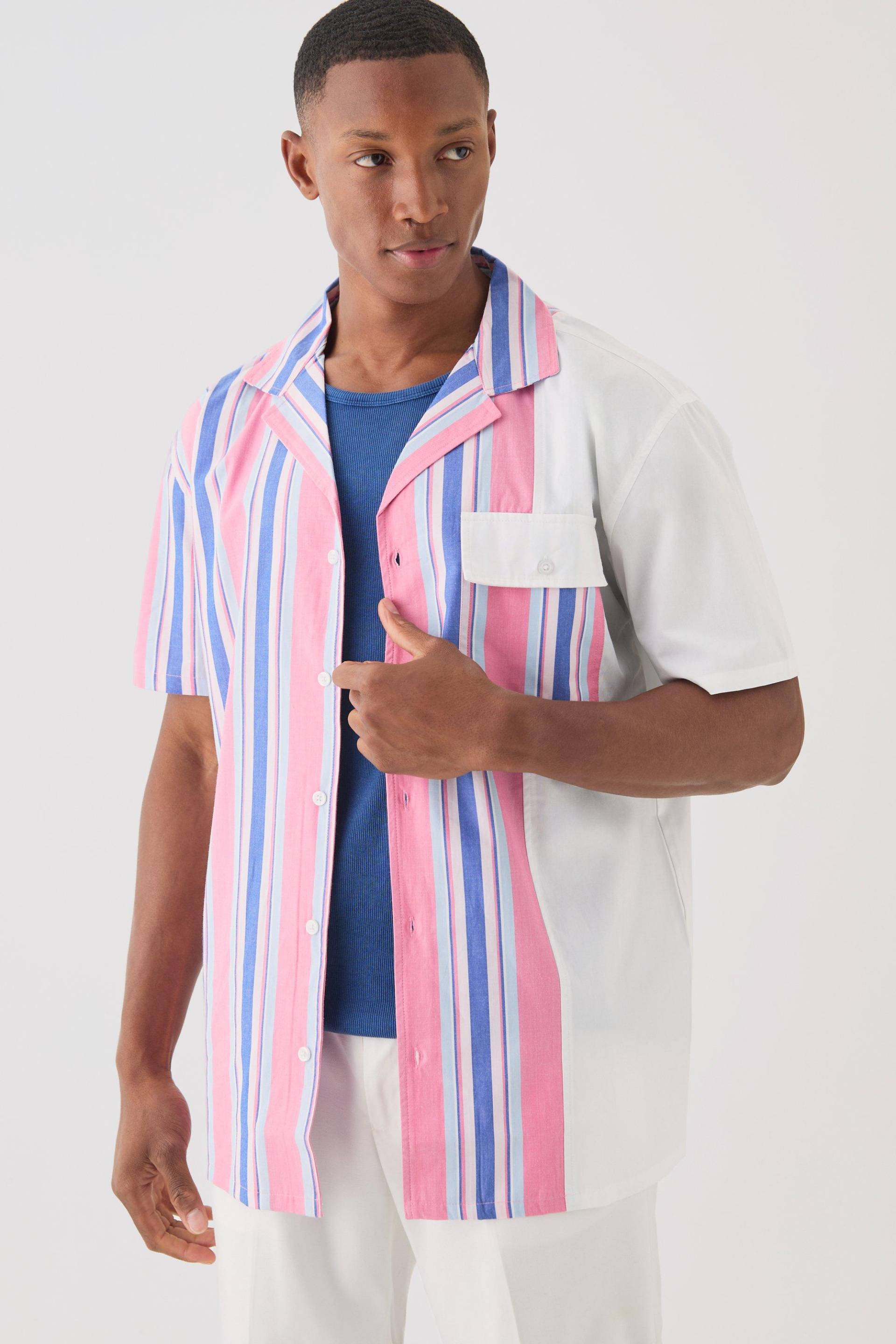 Mens Short Sleeve Spliced Stripe Shirt - Rosa - XS, Rosa von boohooman