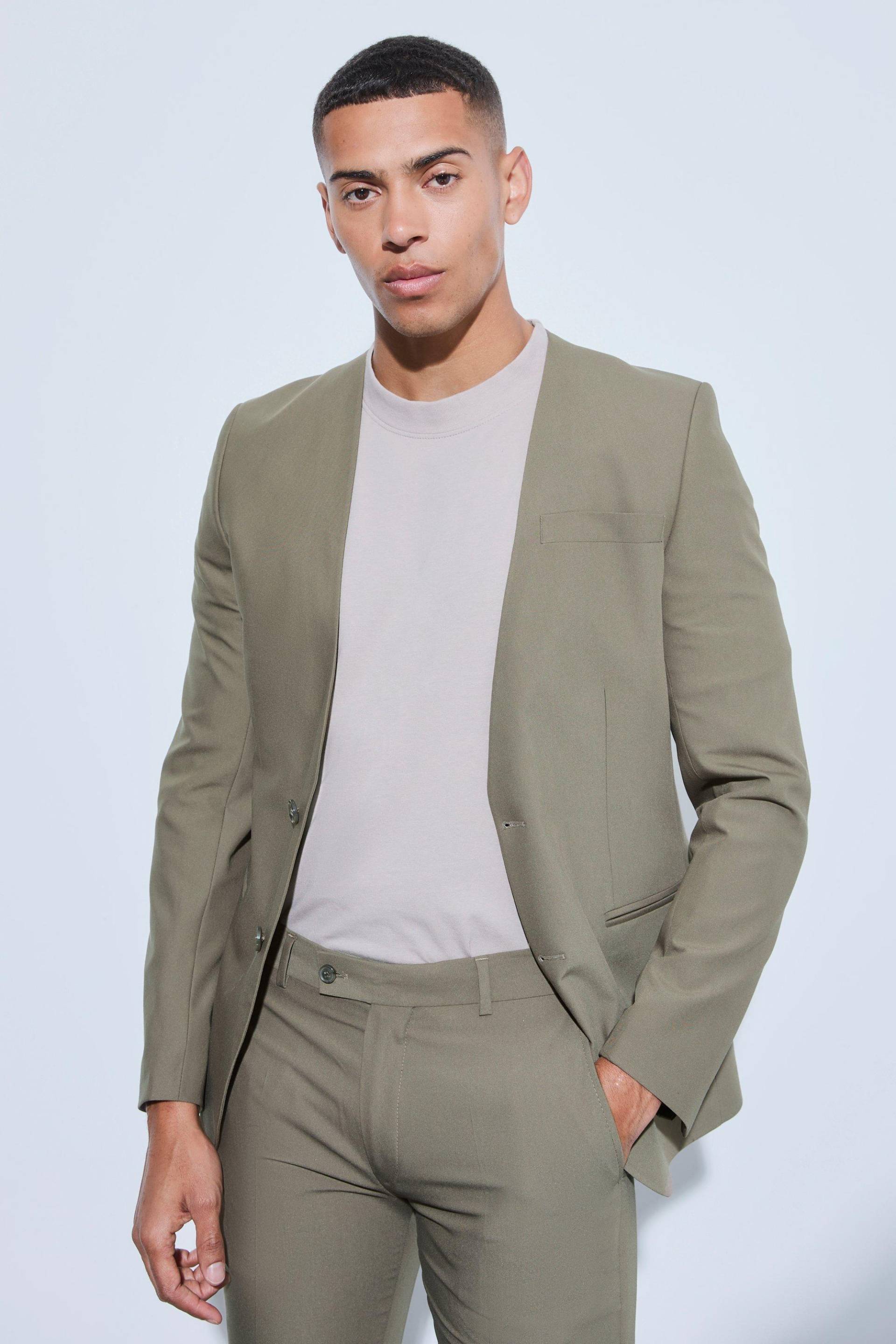 Mens Skinny Fit Collarless Single Breasted Blazer - Khaki - 34, Khaki von boohooman