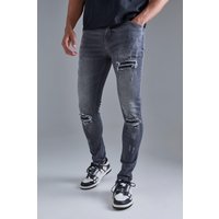 Mens Skinny Stretch Black Pu Biker Rip & Repair Jeans - Grau - 30R, Grau von boohooman