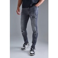 Mens Skinny Stretch Black Pu Biker Rip & Repair Jeans - Grau - 32R, Grau von boohooman