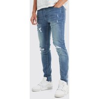 Mens Skinny Stretch Jeans mit Riss am Knie - Blau - 32R, Blau von boohooman