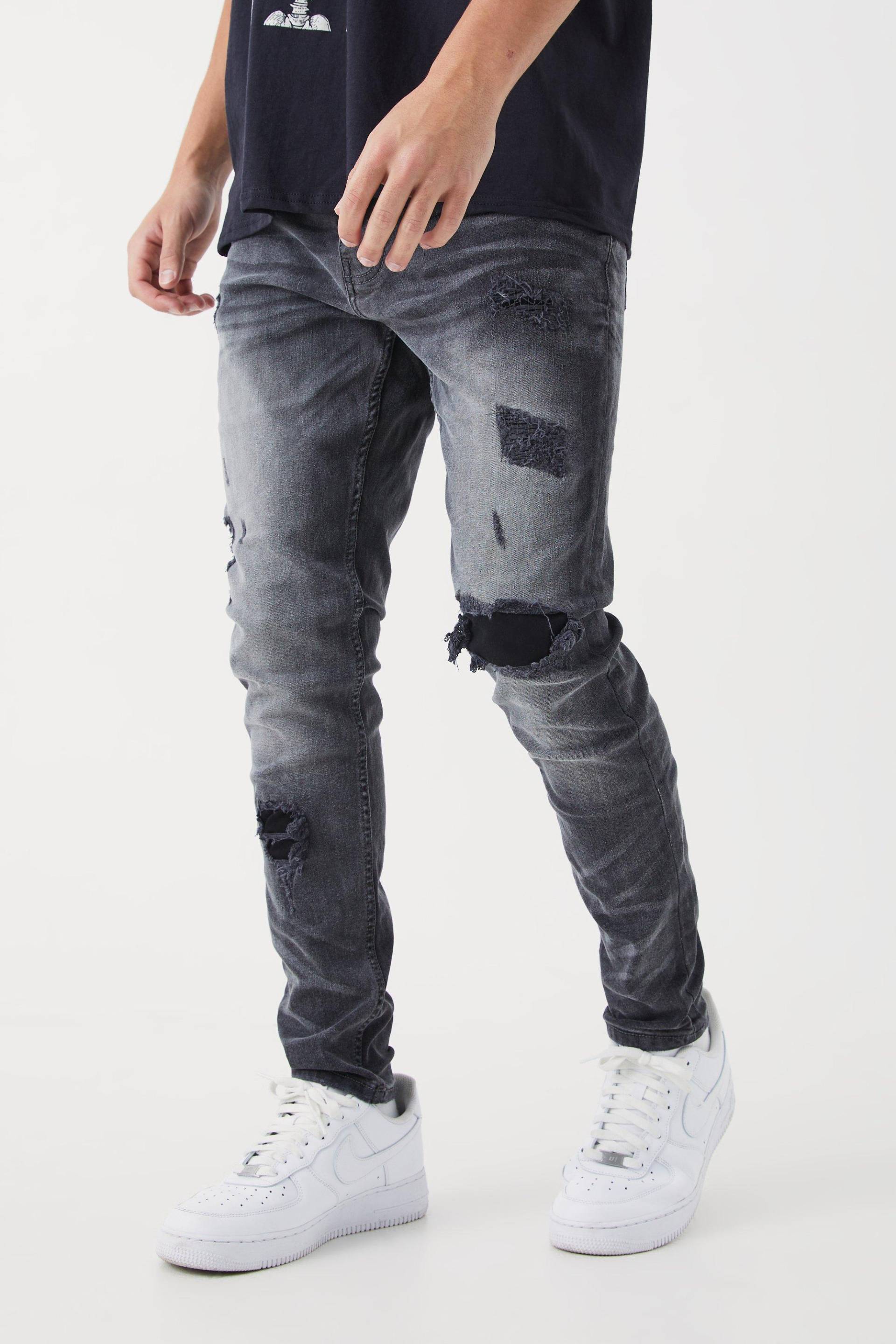 Mens Skinny Stretch Jeans mit Rissen - Grau - 34R, Grau von boohooman