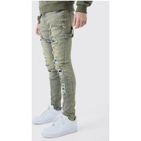 Mens Skinny Stretch Multi Rip Carpenter Jeans In Antique Grey - Grau - 30R, Grau von boohooman