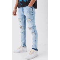 Mens Skinny Stretch Paint Splatter Ripped Jeans - Blau - 34R, Blau von boohooman