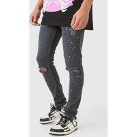 Mens Skinny Stretch Paint Splatter Ripped Jeans - Grau - 28R, Grau von boohooman