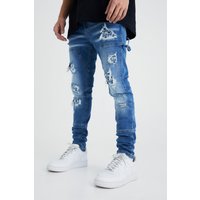 Mens Skinny Stretch Rip & Repair Jeans - Blau - 34R, Blau von boohooman